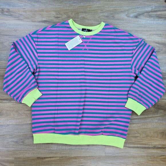 ☔️🔹️NWT Neon & Striped Drop Shoulder Oversized Sweatshirt Medium - Picture 4 of 14
